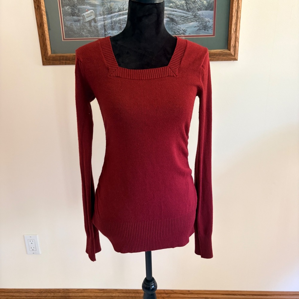 Derek Heart Sweater Womens Medium Burgundy Square Neck Slim Fit Long Sleeve Knit